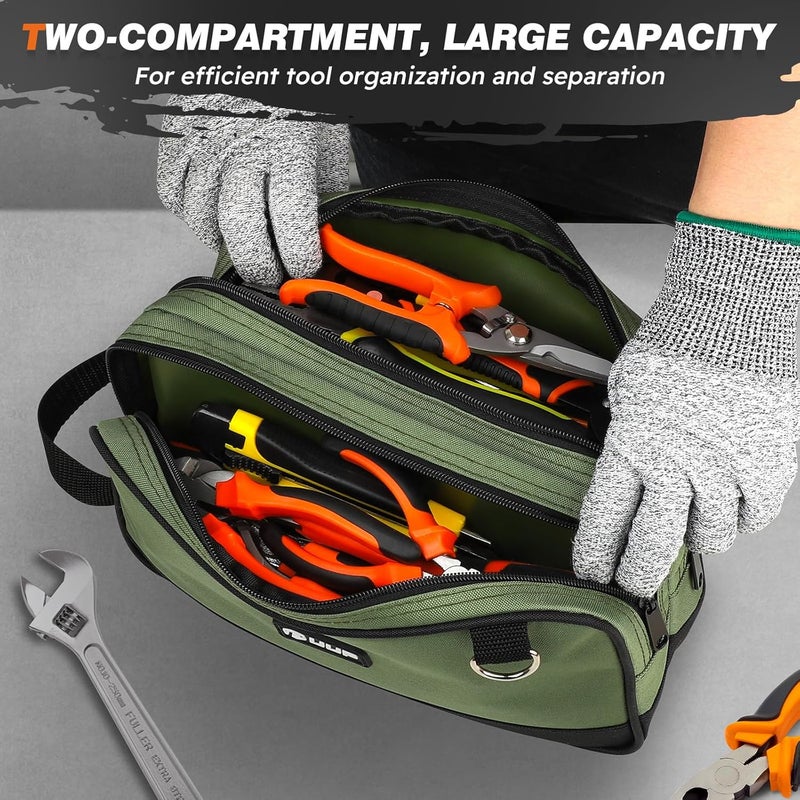 UUP 12" Small Tool Bag 2 Pack, Zipper Tool Pouch 2 Compartments, Utility ToolBag with Carrying Handle, Toolbox Organization, Screwdriver Storage Tool Box, Electrician Mechanic Men Dad Gifts, Orange/Green - Image 2